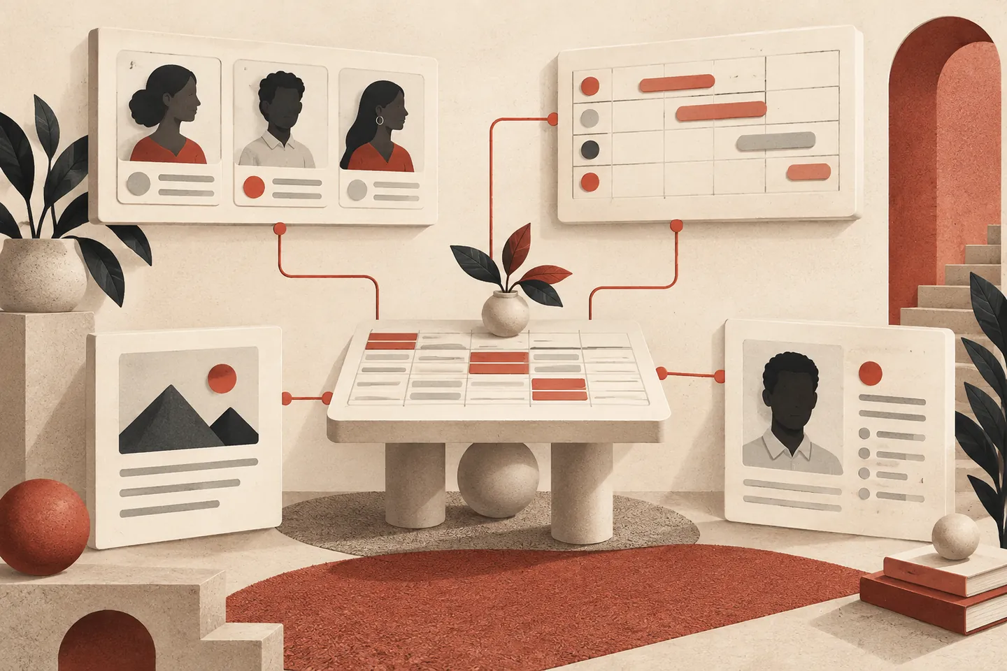 Illustration of connected company records around a shared table